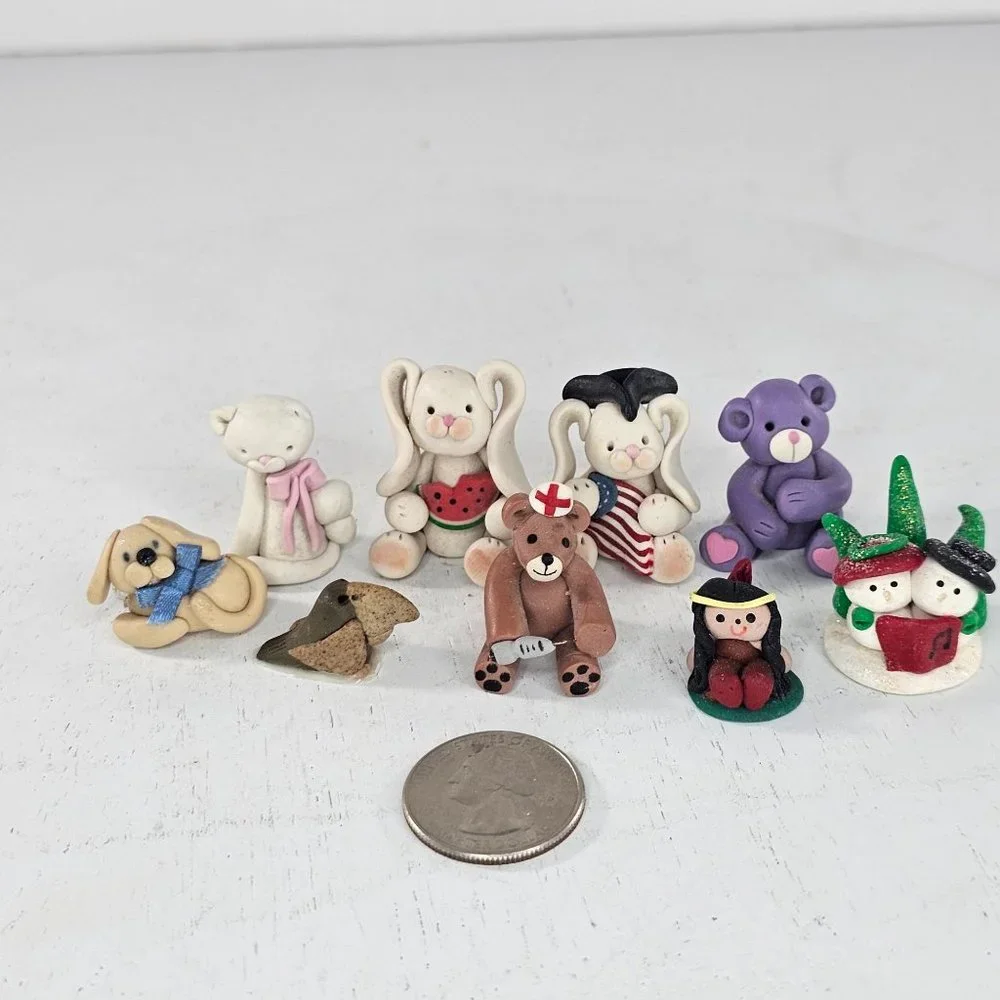 Polymer Clay Animal Miniature Figurine Lot Rabbit Dog Bear Bird Cat